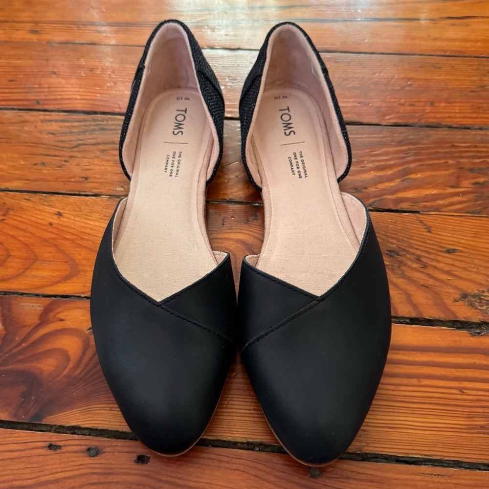 TOMS Julie d'Orsay Flats Black Leather Canvas Heeled Loafer Size 10 Like New - Picture 3 of 11
